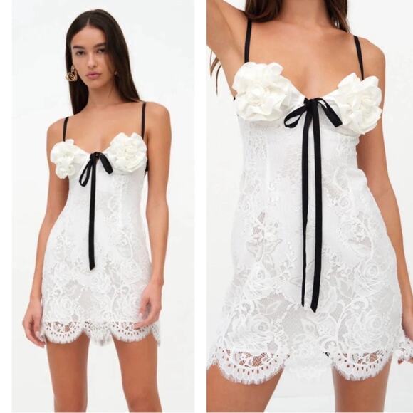 For Love & Lemons Franca Rosette Bust Strappy Back White Lace Mini Dress Sz S - Picture 1 of 14